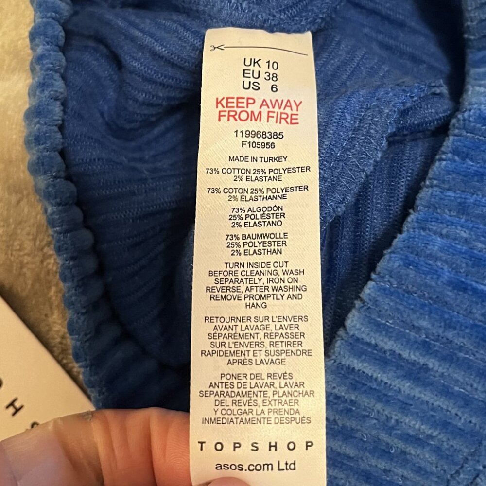 TOPSHOP/ASOS Ribbed Leg, Velour-Like Pants, Royal Blue / Size 6 - Picture 9 of 10
